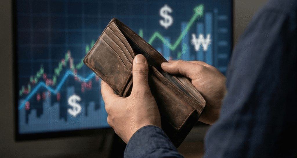 치솟는 환율과 물가 상승 그래프를 배경으로 얇아진 지갑을 들고 고민하는 직장인의 손