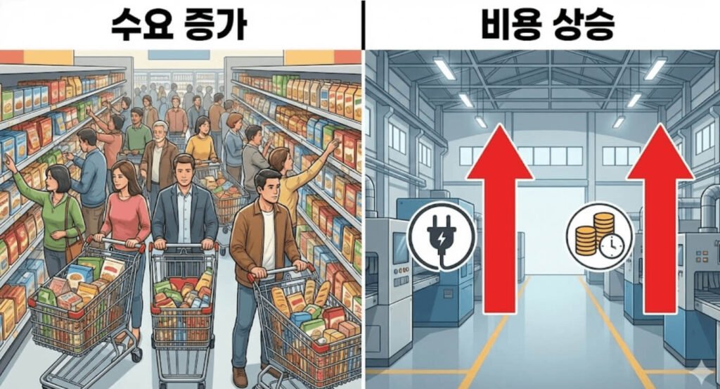 인플레이션이 수요 증가와 생산 비용 상승으로 발생하는 구조를 보여주는 이미지