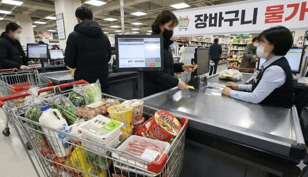 마트 장바구니 가격 상승으로 체감되는 인플레이션을 표현한 이미지