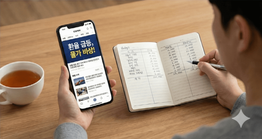 불안한 경제 환율 뉴스가 뜬 스마트폰을 뒤로하고 차분하게 가계부를 쓰며 지출을 점검하는 모습