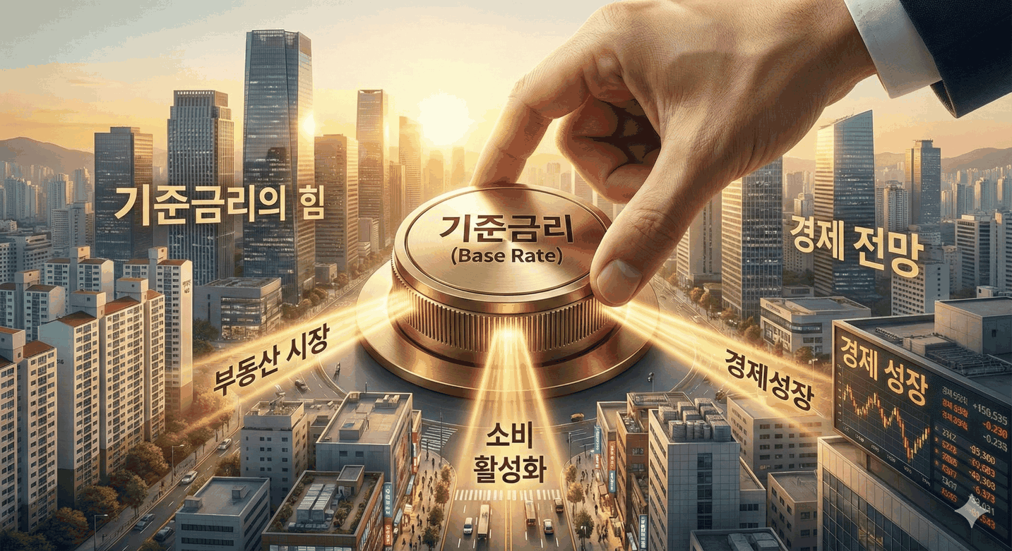 기준금리가 소비, 부동산, 경제 성장에 미치는 영향을 표현한 이미지