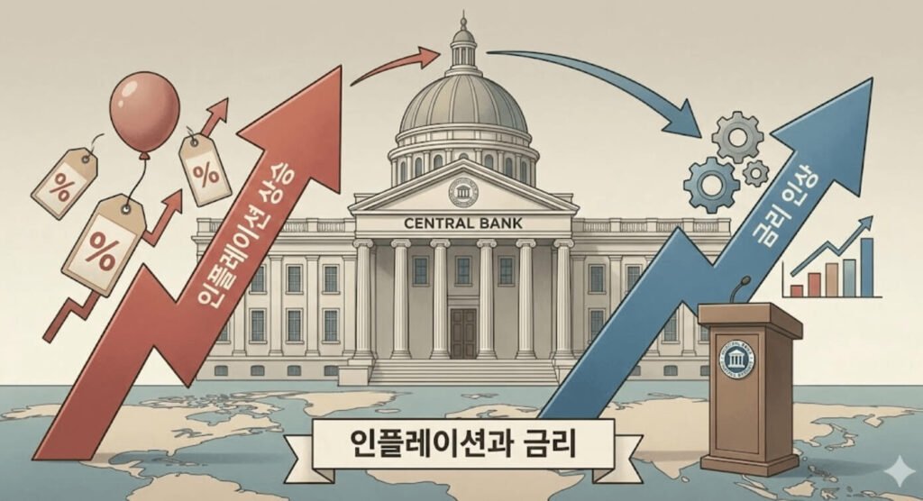 인플레이션 상승에 따라 기준금리가 조정되는 관계를 설명하는 이미지