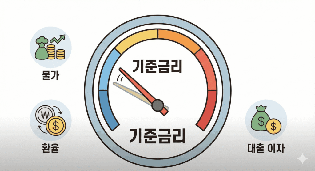 물가와 환율을 고려해 기준금리를 쉽게 내리지 못하는 구조를 설명한 인포그래픽 이미지