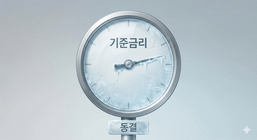 기준금리가 동결되어 움직이지 않는 상황을 얼어붙은 계기판으로 표현한 이미지