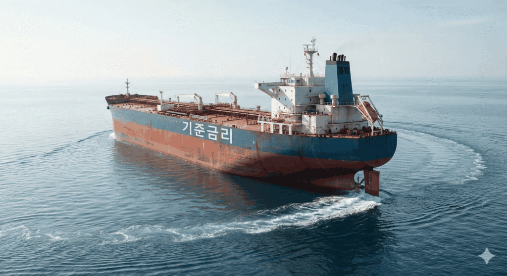 기준금리는 한 번 방향을 바꾸면 즉시 되돌리기 어려운 구조임을 대형 유조선에 비유한 이미지