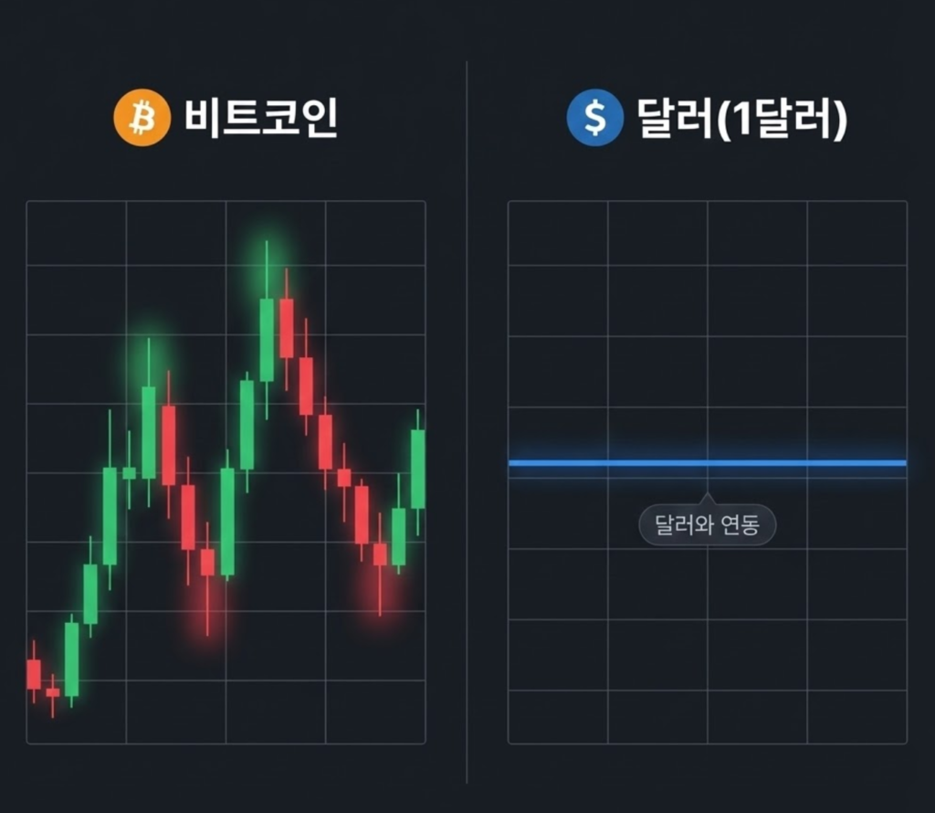 비트코인 변동성 차트와 달러 1달러 고정 라인을 비교해 스테이블 코인의 필요성을 보여주는 이미지