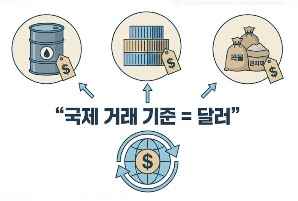 국제 무역과 원자재 거래가 달러를 기준으로 이루어지는 이유를 설명한 이미지