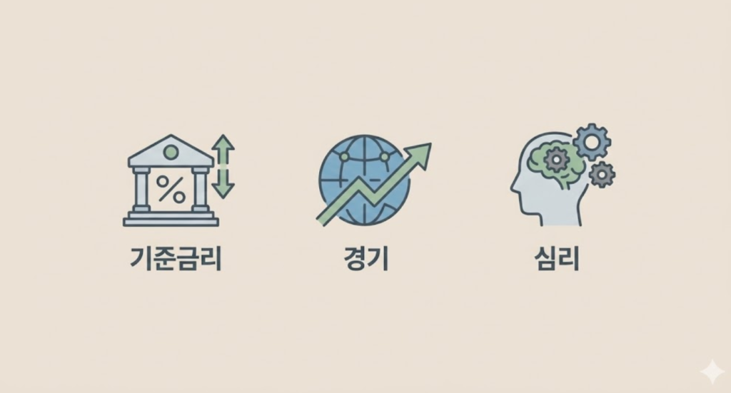 달러 강세와 약세를 판단할 때 중요한 기준금리, 경기, 심리를 정리한 이미지