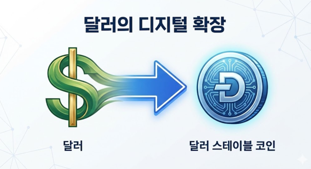 달러가 디지털 형태의 스테이블 코인으로 확장되는 구조를 설명하는 이미지