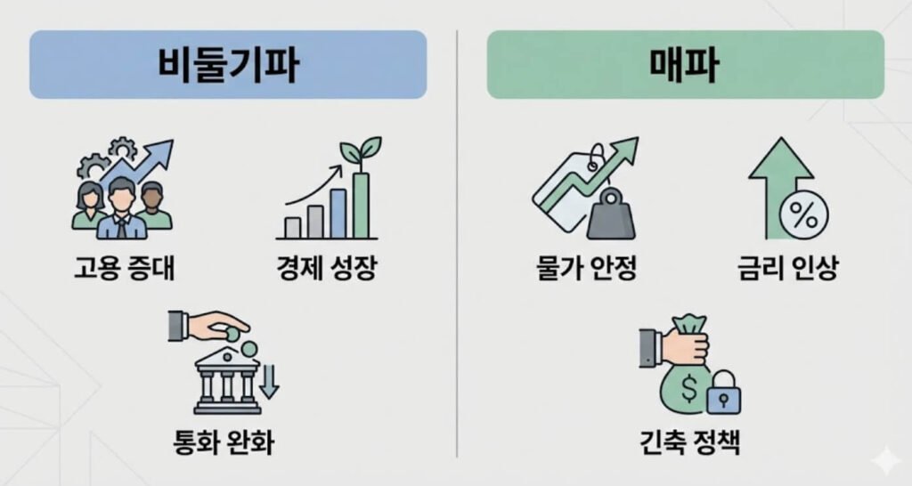 비둘기파와 매파의 통화정책 성향 차이를 비교한 설명 이미지