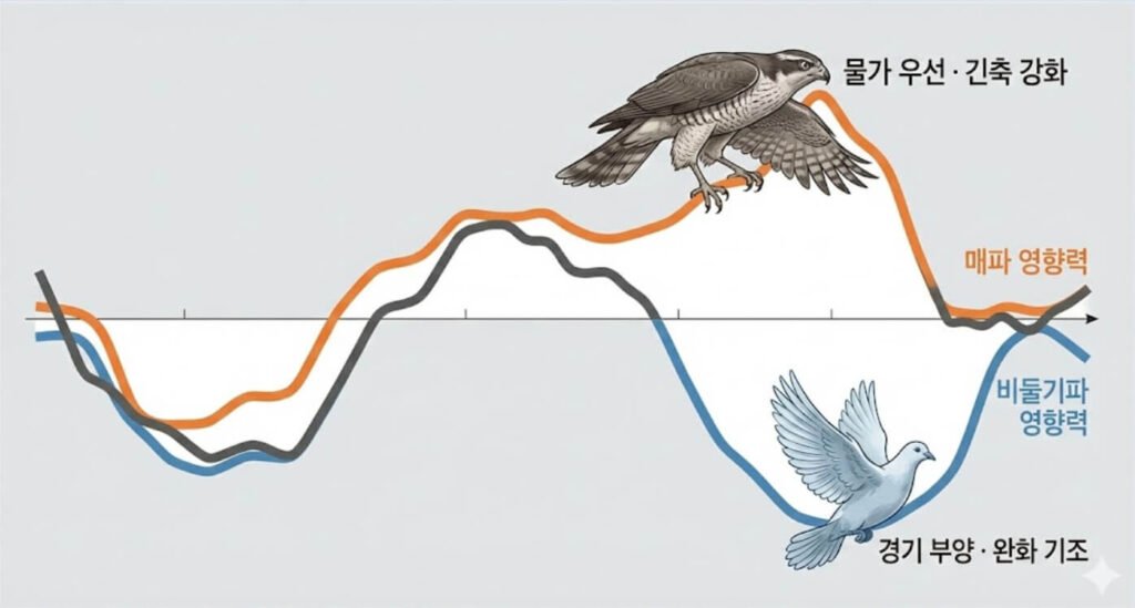 비둘기파와 매파의 금리 정책 성향을 대비해 보여주는 경제 뉴스 썸네일 이미지