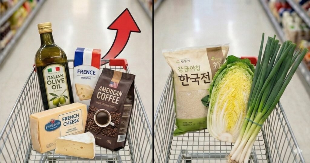 환율 영향으로 가격이 급등한 수입 식재료 장바구니와 상대적으로 가격 변동이 적은 국산 농산물 장바구니 비교