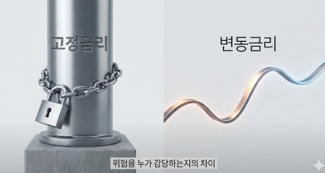 고정금리와 변동금리의 구조 차이를 대비해 보여주는 시각적 이미지