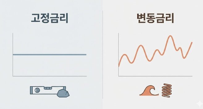 고정금리와 변동금리의 차이를 그래프로 비교해 보여주는 설명 이미지