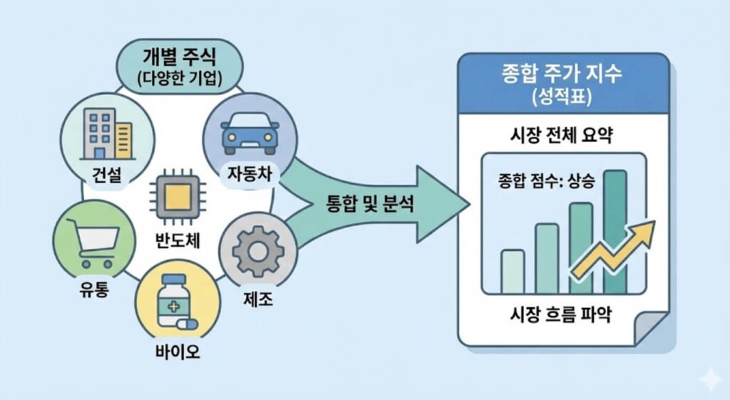 여러 주식 종목의 움직임을 하나의 지수 성적표로 요약해 보여주는 설명 이미지