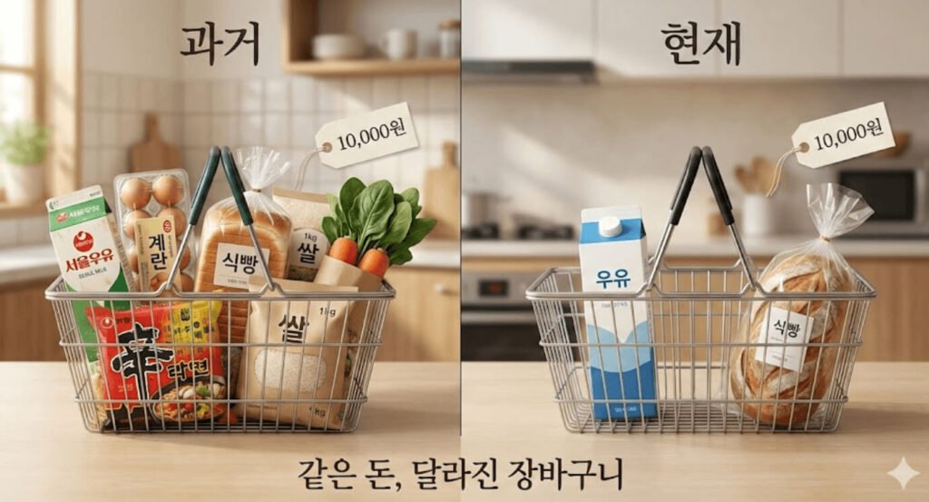 과거에는 만원으로 여러 생활필수품을 담을 수 있었지만 현재는 우유와 식빵만 담을 수 있는 모습을 통해 인플레이션을 설명한 이미지