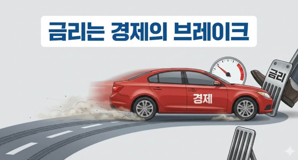 금리가 경제 속도를 조절하는 브레이크 역할을 한다는 개념을 설명한 이미지