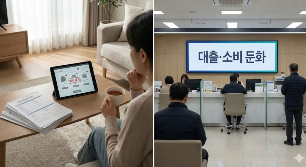 금리 인상으로 대출과 소비가 조심스러워지는 상황을 보여주는 이미지