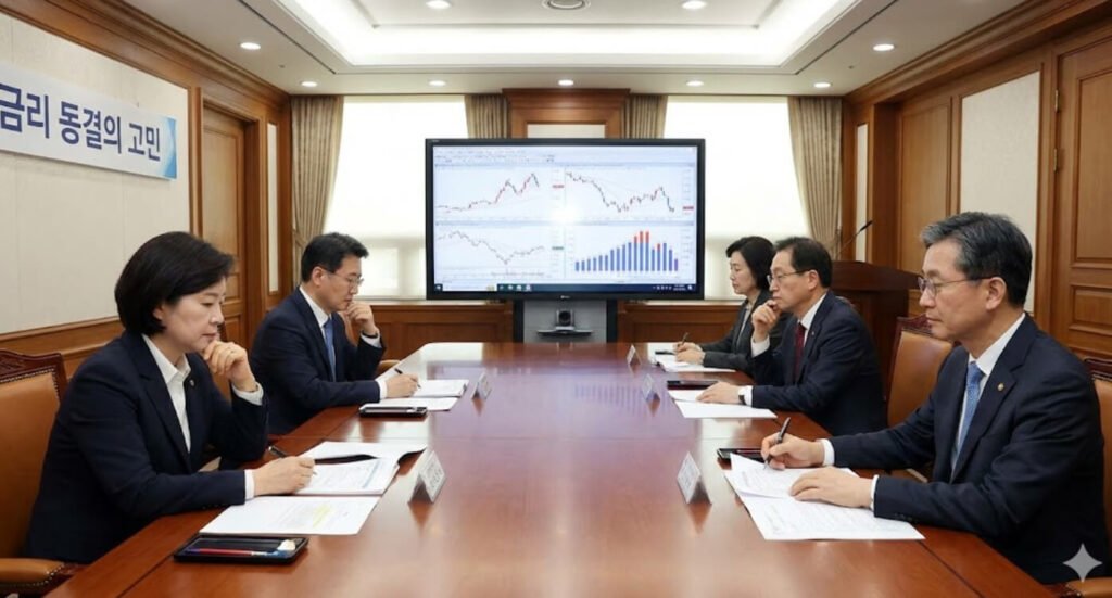 인플레이션과 경기 사이에서 금리 결정을 고민하는 중앙은행의 모습을 표현한 이미지