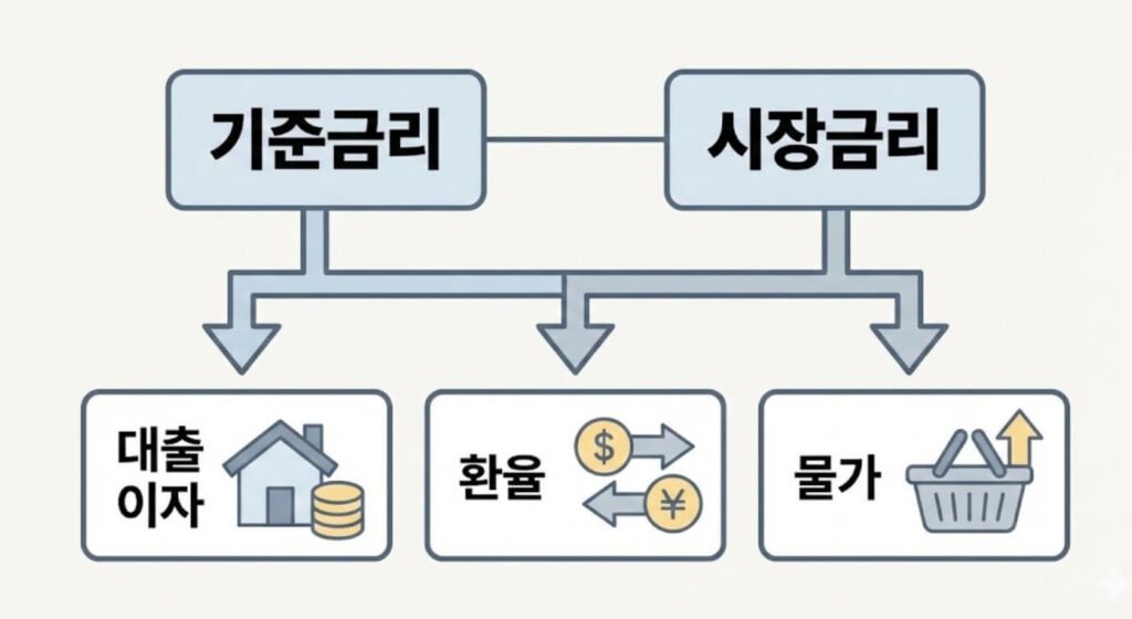금리 정책 변화가 가계 대출 이자와 생활비에 미치는 영향을 보여주는 이미지