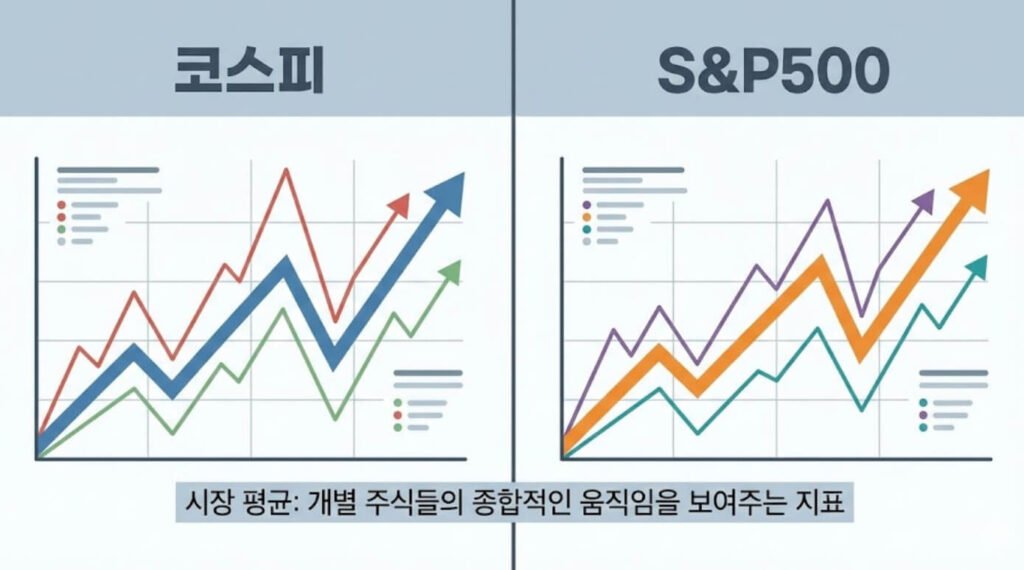한국 코스피와 미국 S&P500 지수가 각 나라 시장 평균을 보여주는 비교 설명 이미지