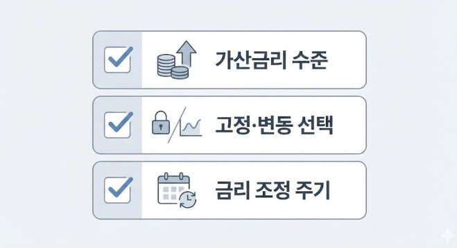 대출 조건을 볼 때 가계가 반드시 확인해야 할 핵심 항목을 정리한 이미지