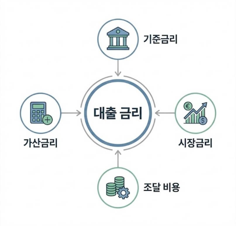 은행 대출 금리가 여러 요소의 합으로 결정되는 구조를 보여주는 설명 이미지