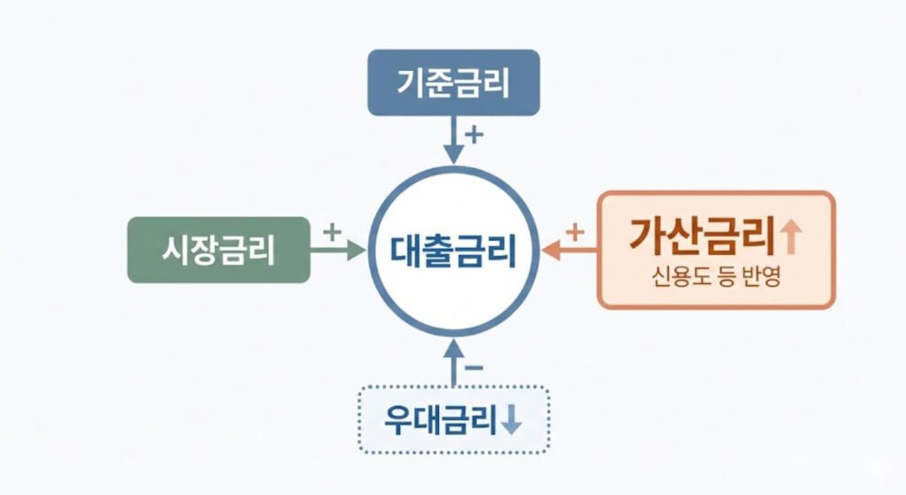 은행이 가산금리를 통해 대출 이자를 조정하는 구조를 강조해 보여주는 설명 이미지