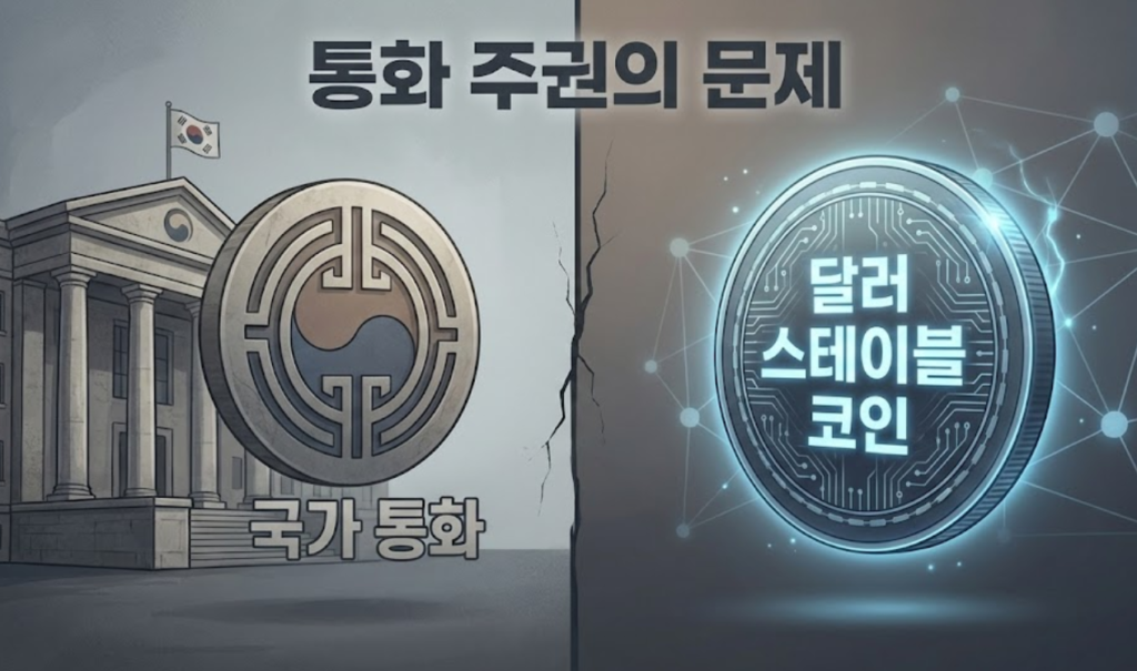 각국 정부의 통화 주권과 달러 스테이블 코인의 긴장 관계를 보여주는 이미지