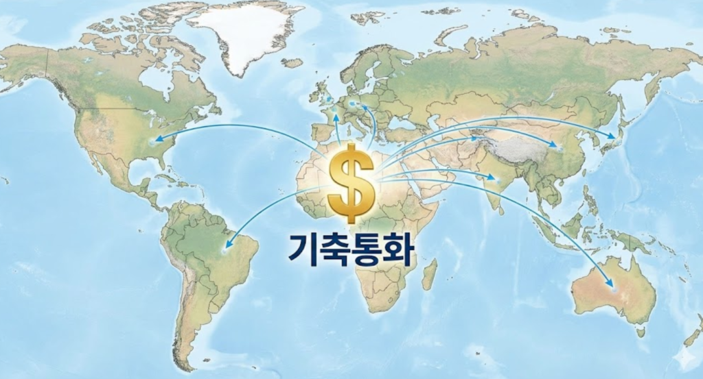 미국 달러가 기축통화로서 세계 경제의 중심 역할을 하는 구조를 보여주는 이미지