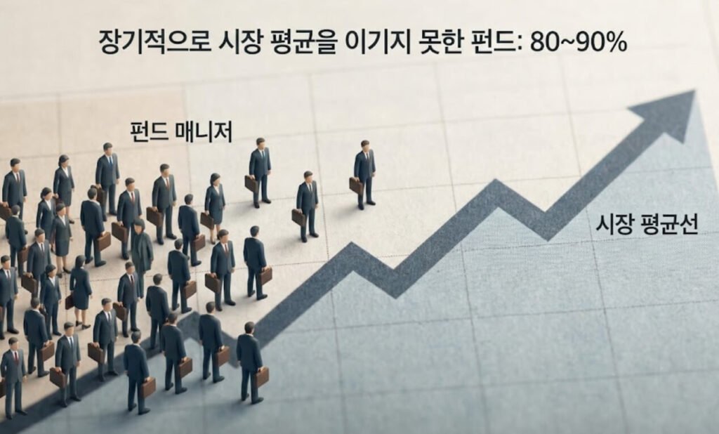 SPIVA 보고서를 바탕으로 전문가도 시장 평균을 이기기 어렵다는 사실을 시각적으로 설명한 이미지
