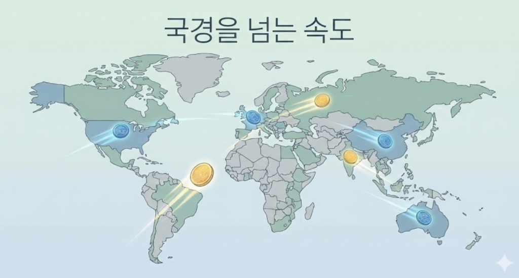 달러 스테이블 코인이 은행 없이 국경을 넘어 빠르게 이동하는 모습을 표현한 이미지