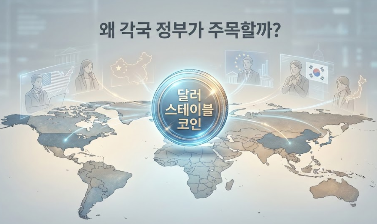 달러 스테이블 코인이 세계 지도 중심에 놓여 있고 각국이 주목하는 모습을 표현한 썸네일 이미지