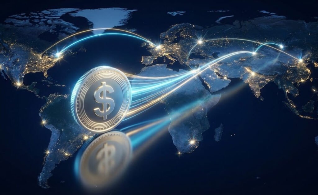 국경을 넘어 빠르게 이동하는 달러 스테이블 코인의 글로벌 흐름을 표현한 이미지