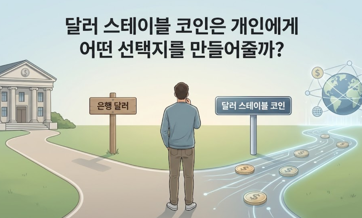 개인이 은행 달러와 달러 스테이블 코인 사이에서 선택지를 고민하는 모습을 표현한 썸네일 이미지