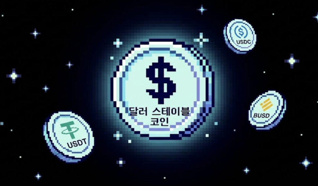 게임 토큰처럼 표현된 달러 스테이블 코인이 중심에 떠 있고 USDT·USDC·BUSD가 주변을 도는 이미지