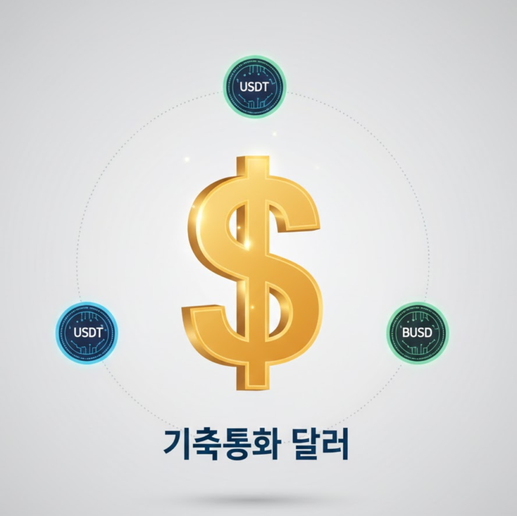 기축통화인 달러를 중심으로 스테이블 코인이 연결된 구조를 표현한 이미지