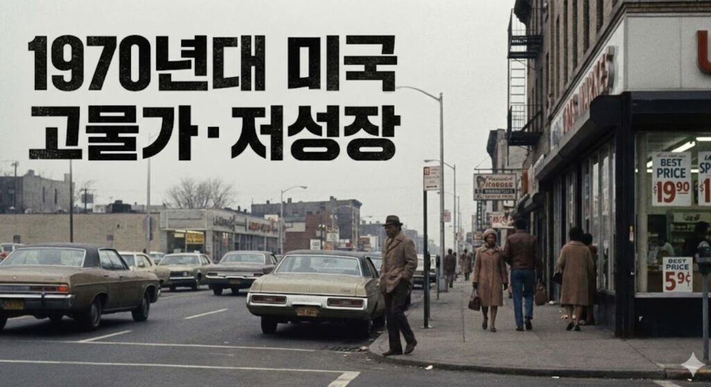 1970년대 미국의 고물가와 저성장 상황을 통해 스태그플레이션 사례를 설명하는 이미지