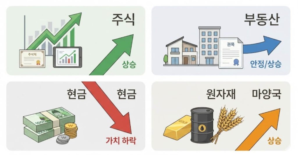 스태그플레이션 시기 자산별 전형적인 흐름을 요약한 비교 이미지