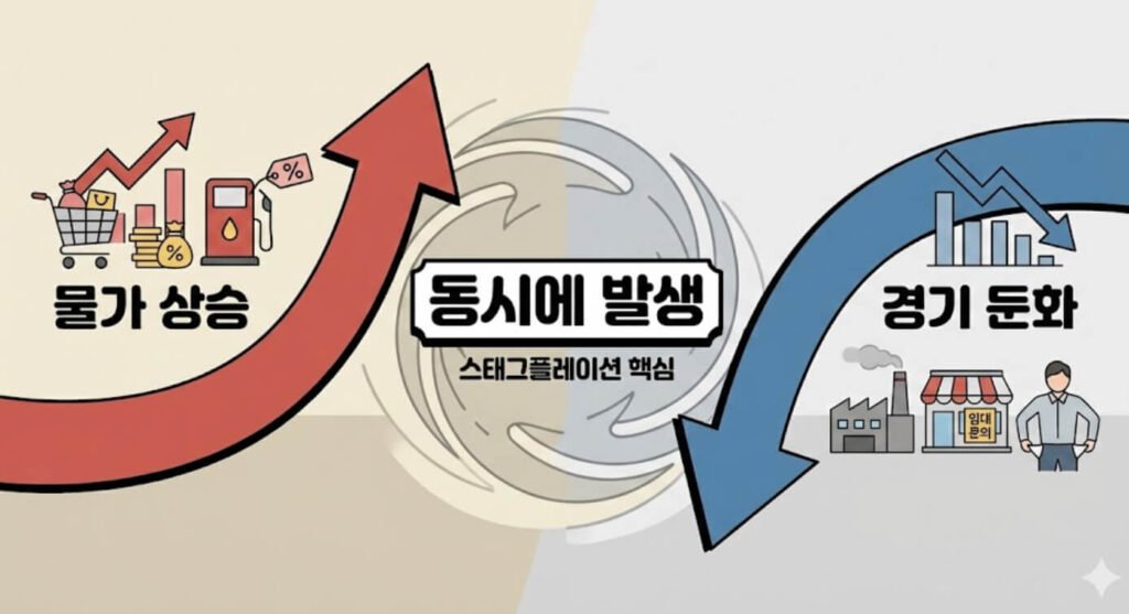 물가 상승과 경기 둔화가 동시에 발생하는 스태그플레이션 구조를 설명한 이미지