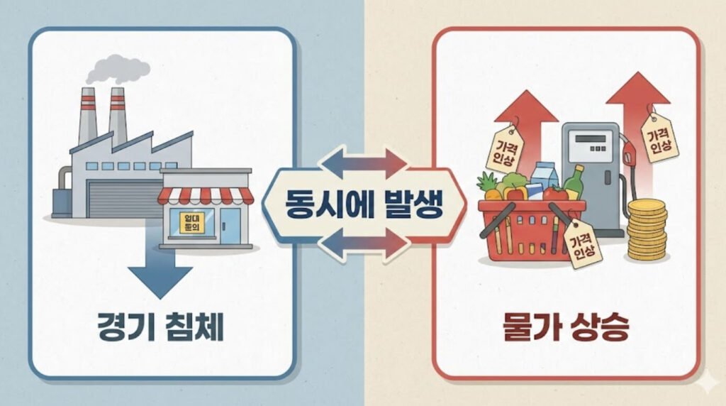 경기 침체와 물가 상승이 동시에 나타나는 스태그플레이션 개념을 설명하는 구조 이미지