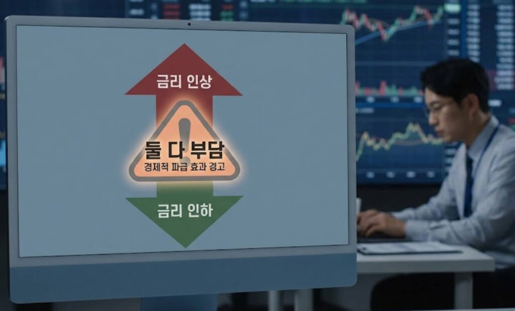 스태그플레이션 상황에서 금리 인상과 인하 모두 부담이 되는 정책 딜레마를 설명한 이미지