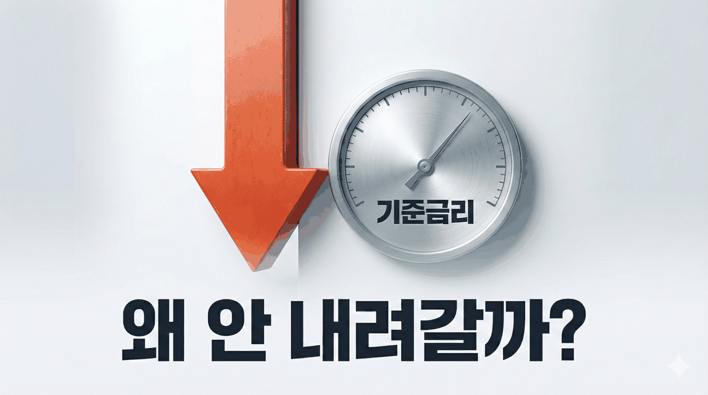 기준금리가 쉽게 내려가지 않는 이유를 질문 형태로 표현한 썸네일 이미지