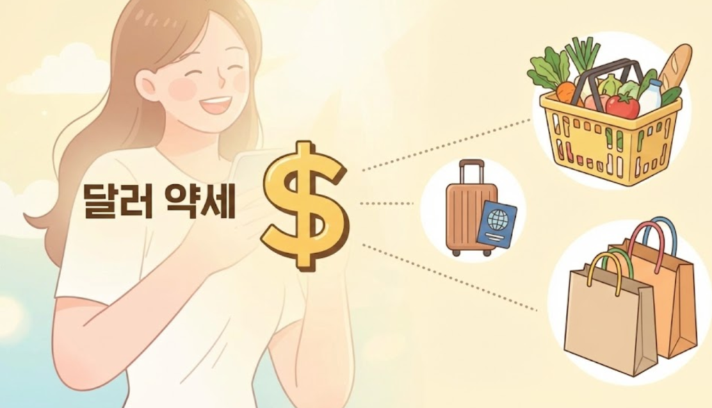 달러 약세로 생활비와 해외 소비 부담이 줄어드는 상황을 보여주는 이미지