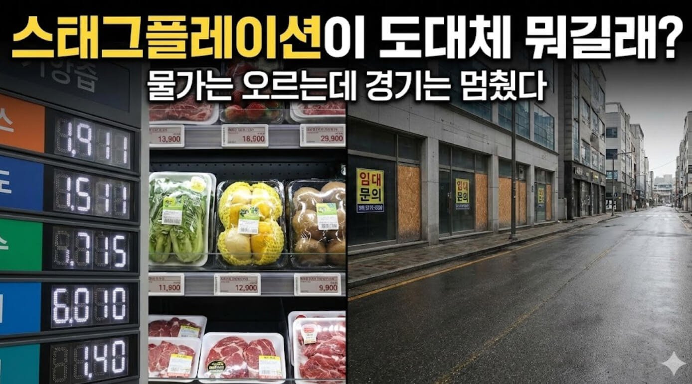 물가 상승과 경기 침체가 동시에 나타나는 스태그플레이션 상황을 직관적으로 표현한 경제 기사형 썸네일 이미지