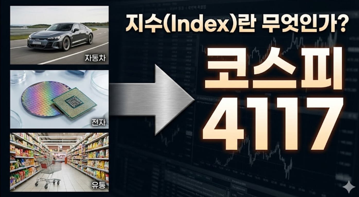 자동차·전자·유통 등 개별 산업 주식들이 모여 코스피 4117이라는 지수로 표현되는 구조를 보여주는 주식시장 지수 설명 썸네일