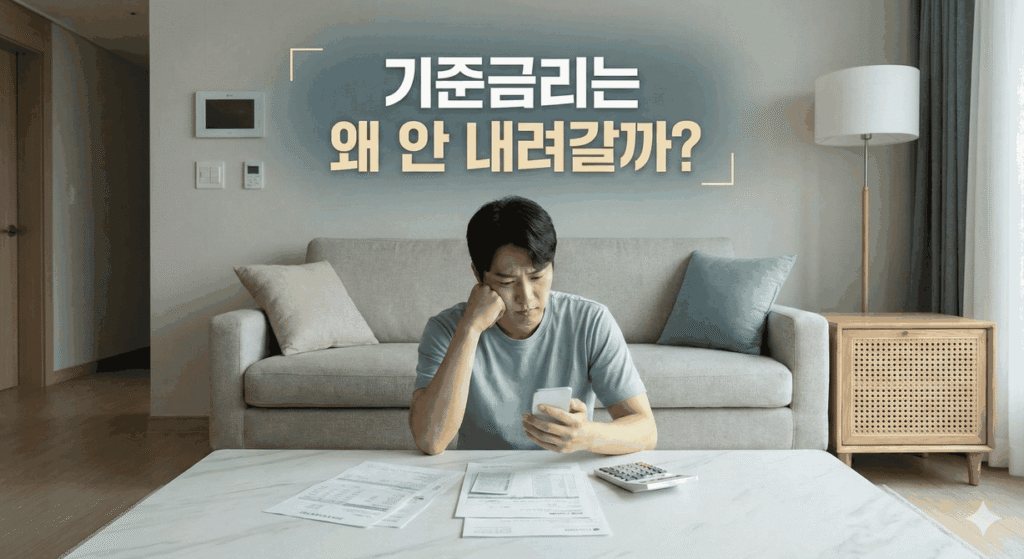 기준금리가 쉽게 내려가지 않아 대출 이자 부담을 체감하는 일상적인 상황을 표현한 이미지