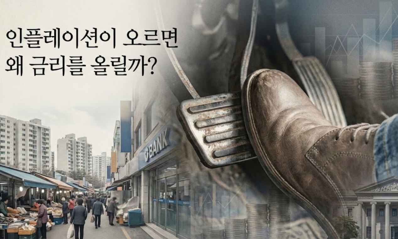 인플레이션 상승 시 금리를 올리는 이유를 브레이크 이미지로 직관적으로 표현한 썸네일